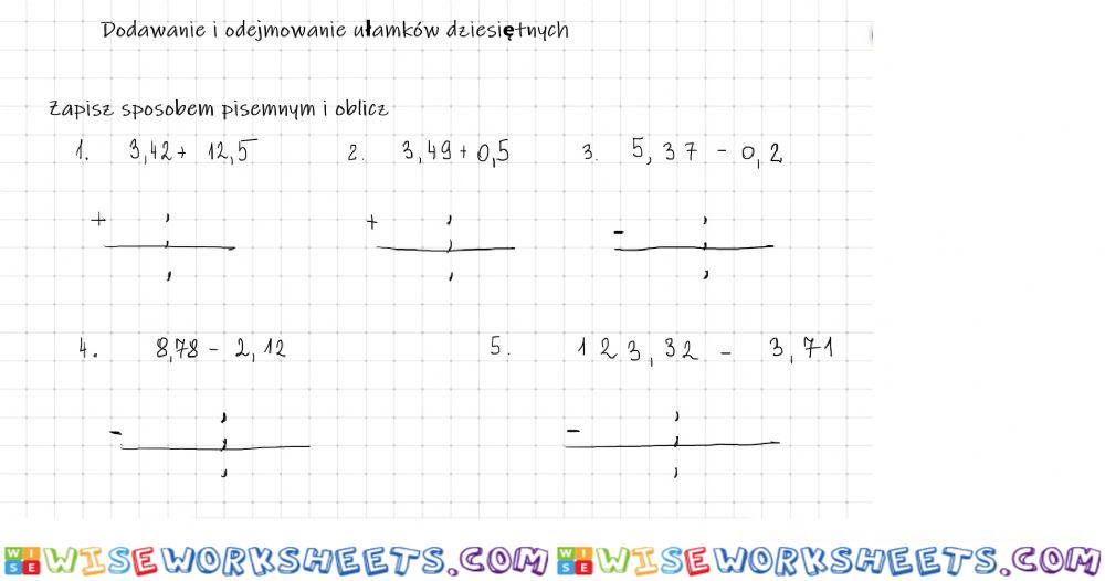 Dodawanie i odejmowanie ułamków dziesiętnych sposobem pisemnym