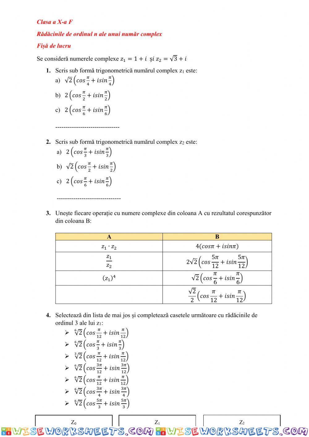 Operatii cu numere complexe sub forma trigonometrica