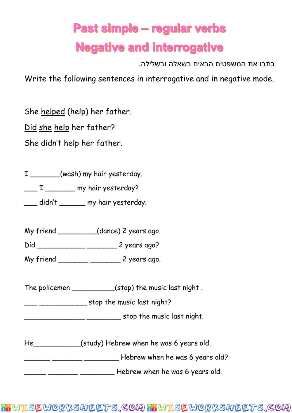 Past simple regular verbs negative and interogative practice