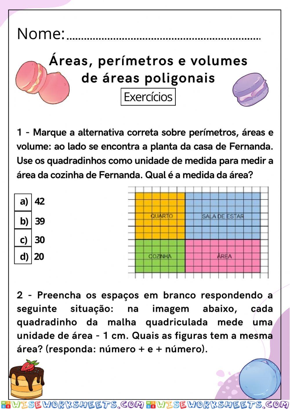 Áreas, perímetros e volume de figuras poligonais