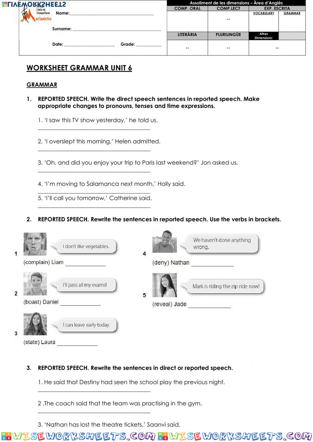 Worksheet Grammar unit 6 4th ESO (reported speech)