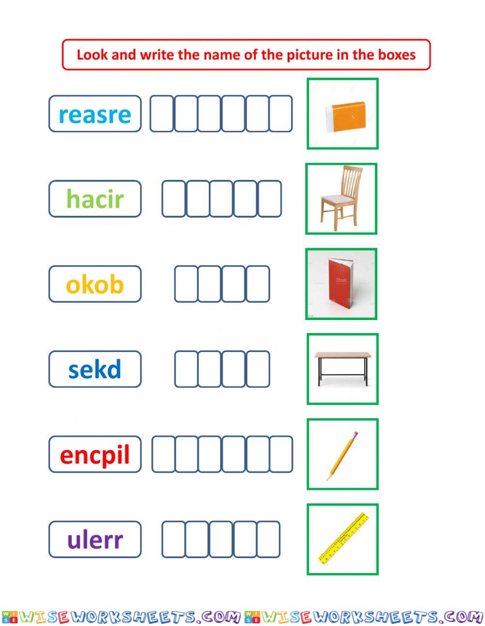 Look and write the name of the picture in the boxes