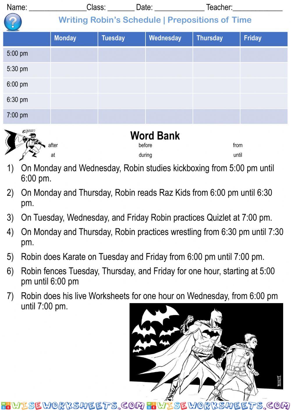 Writing Robin's Schedule - Prepositions of Time