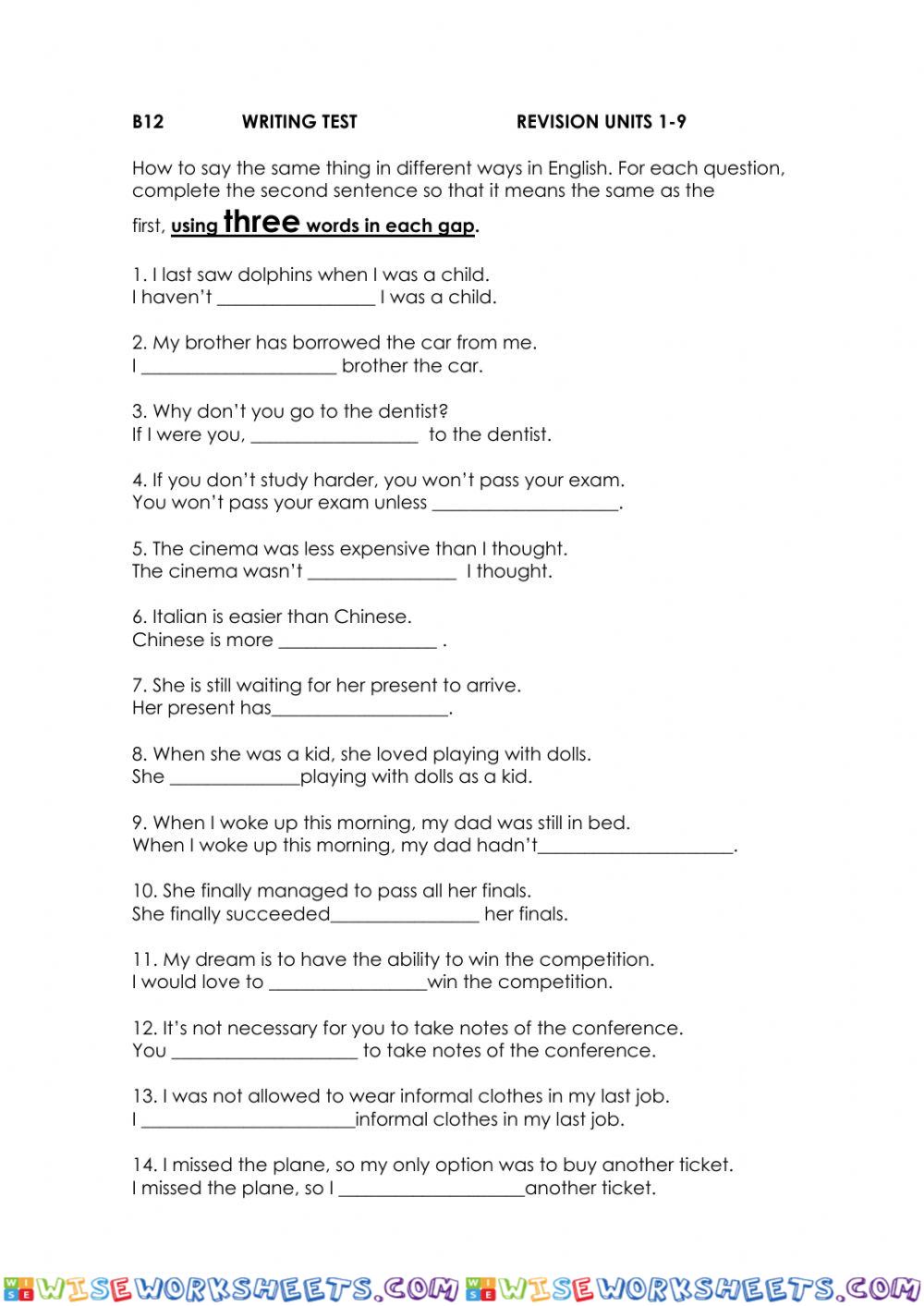B12 WRITING TEST UNITS 1-9