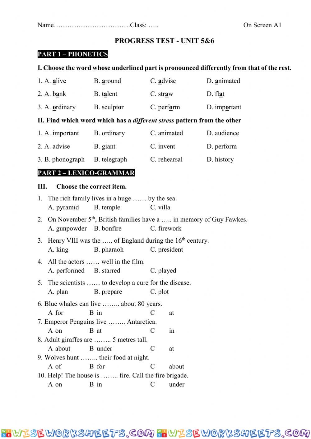 Progress test 3 - Unit 5,6 - OS A1