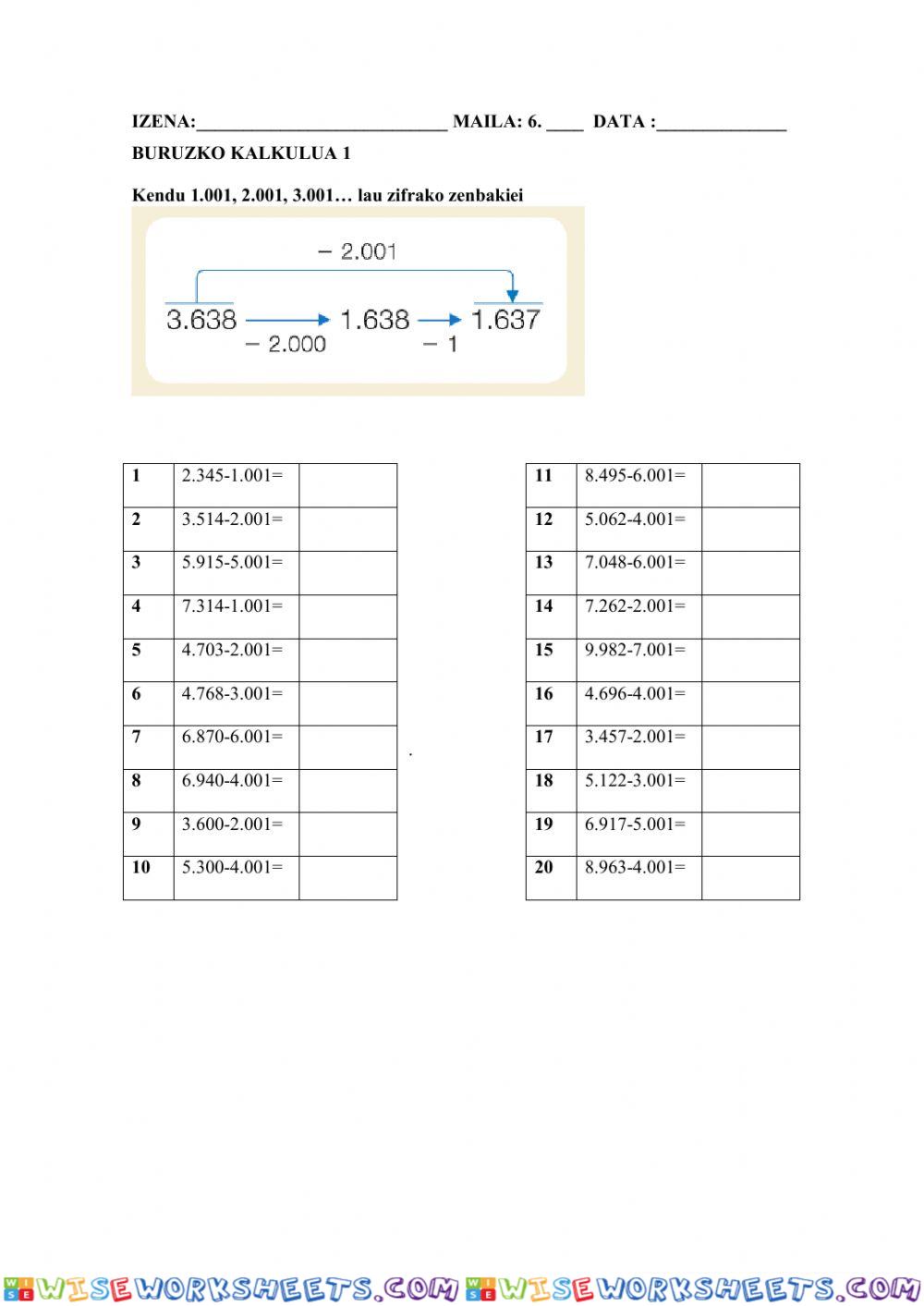 Kendu 1.001,2.001,3.001... lau zifrako zenbakiei