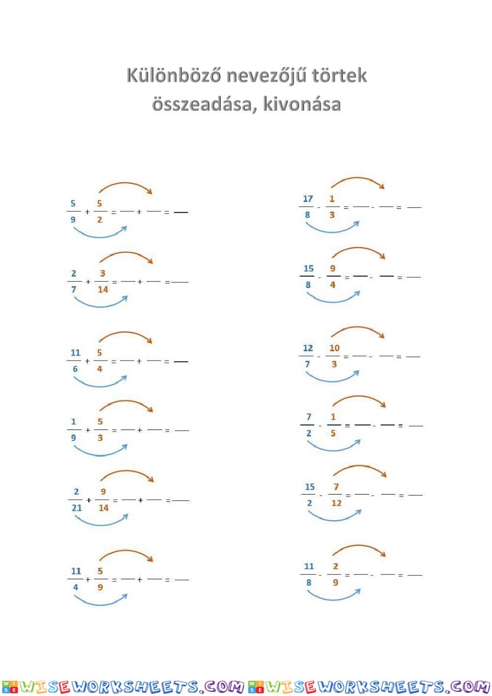 Különböző nevezőjű törtek összeadása, kivonása