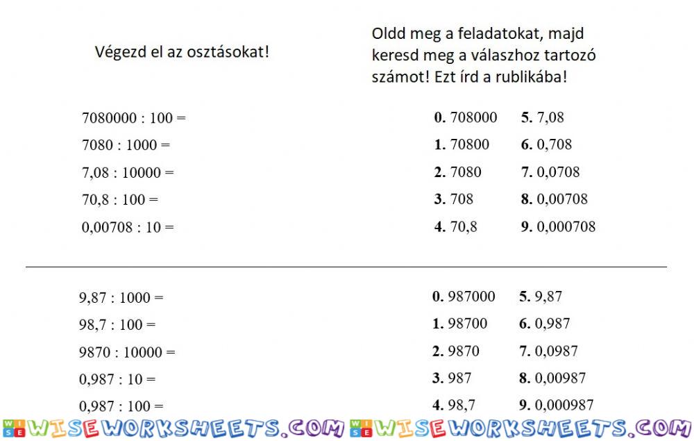 Tizedes tört osztása 10