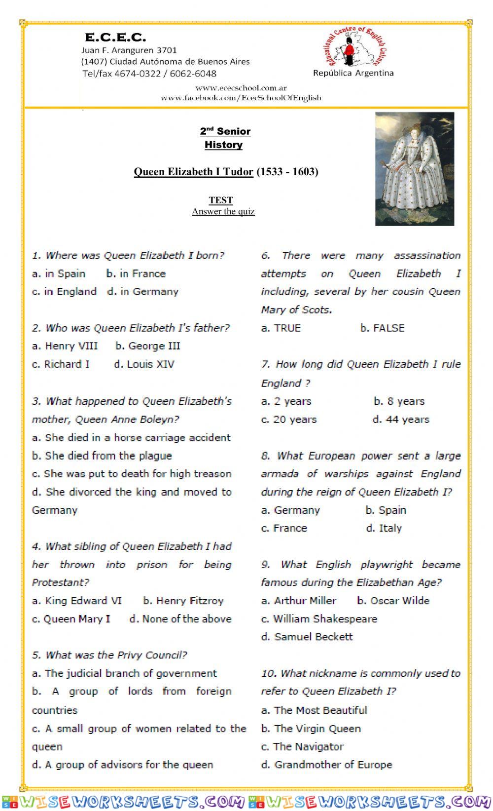 2nd Senior History Queen Elizabeth I TEST