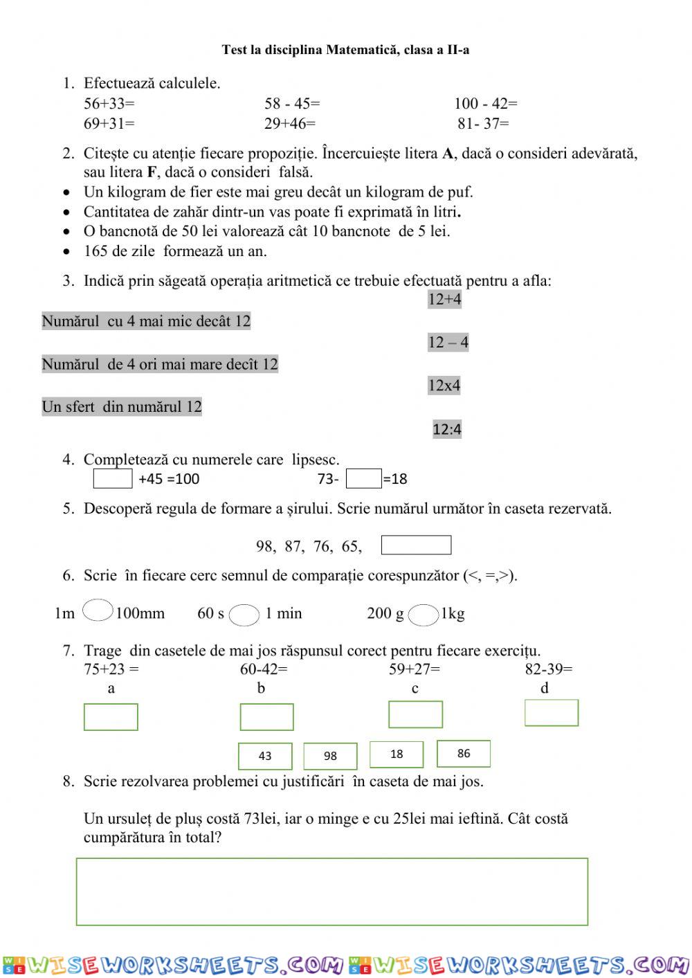 Test la matematică clasa II