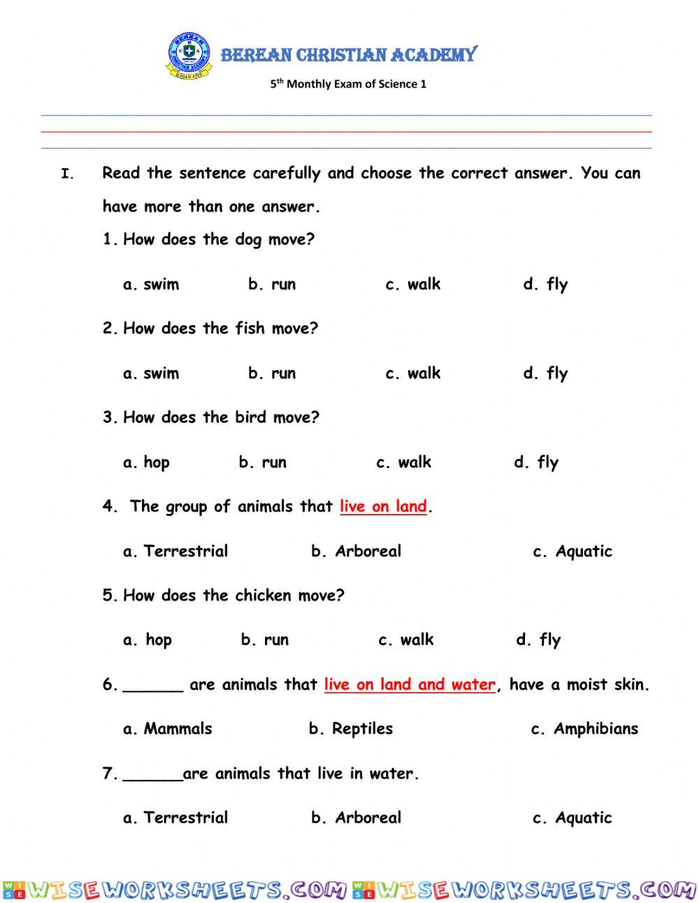 5th Monthly Exam in Science 1