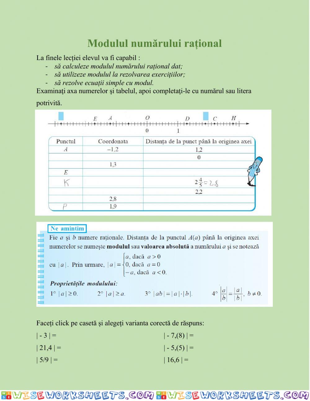 Modulul numărului rațional. Fișă de lucru