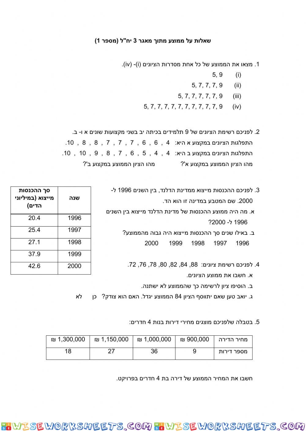 ממוצע דף 1 מתמטיקה