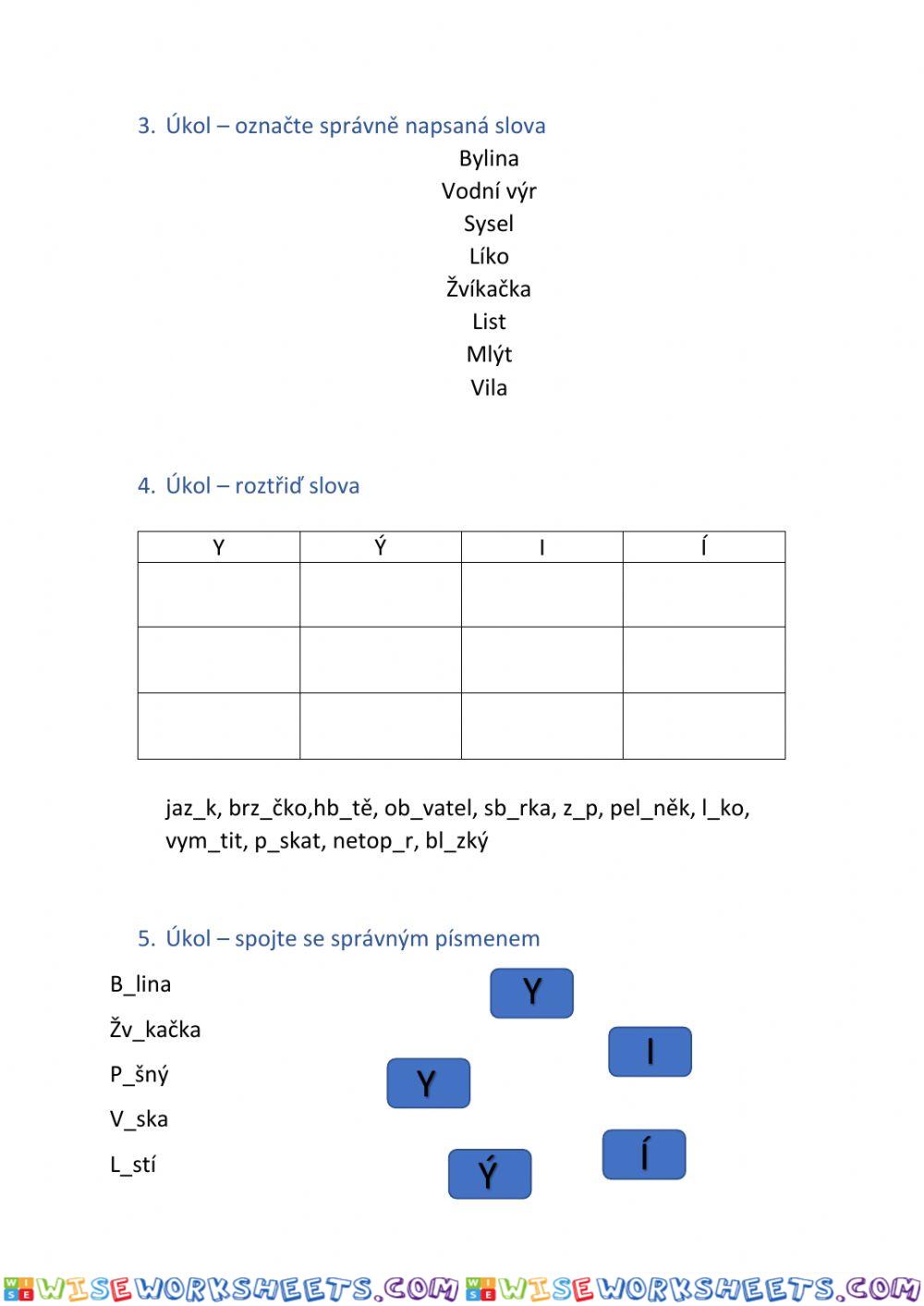 Pracovní list y-ý-i-í