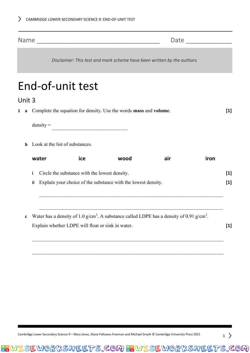 Unit 3 Stage 9 Test