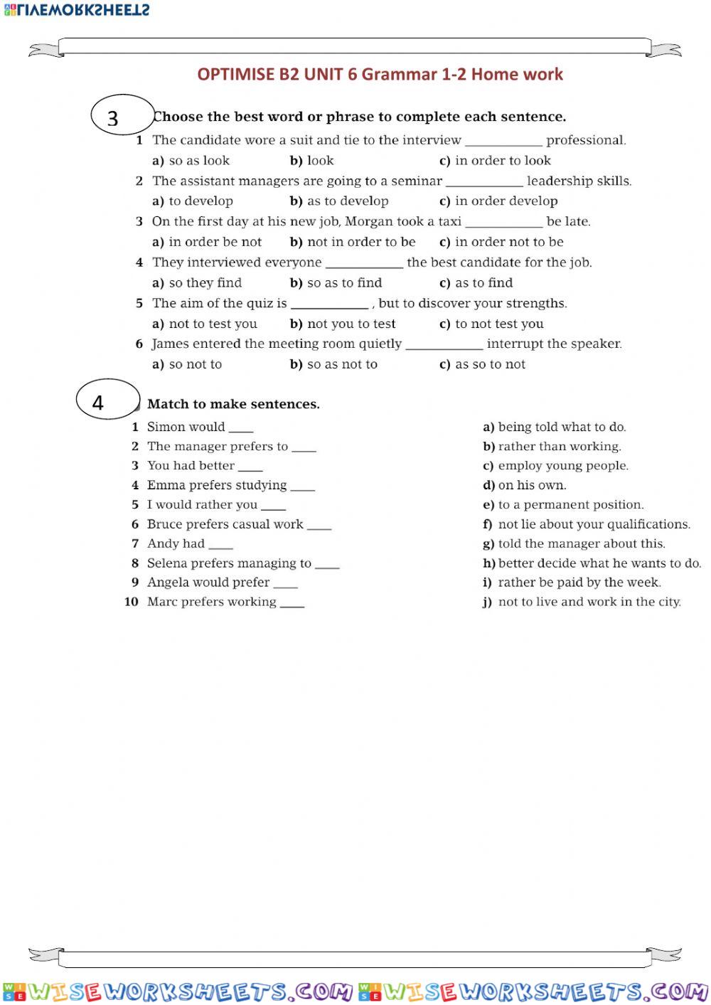 Honework Optimise B2 Unit 6 grammar