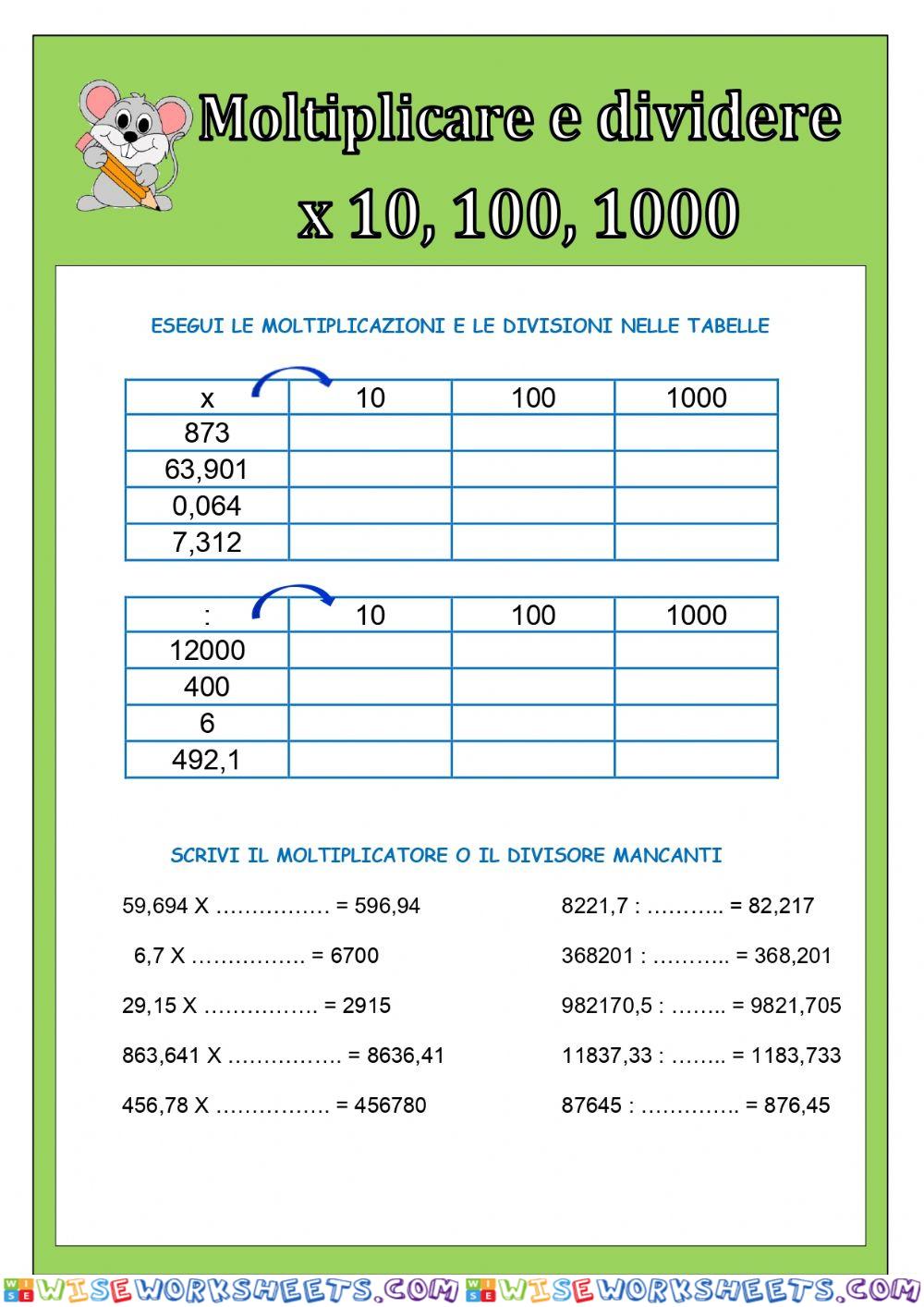 Moltiplicazioni  e divisioni per 10 100 100 con i decimali