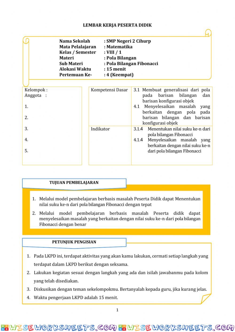 LKPD Pertemuan 4: Pola Bilangan Fibonacci