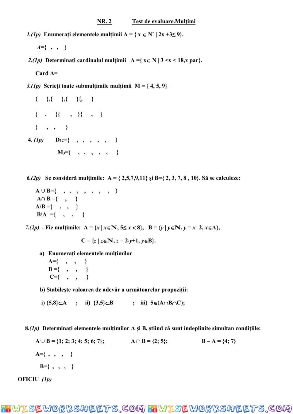 Test de evaluare.Mulțimi Nr.2