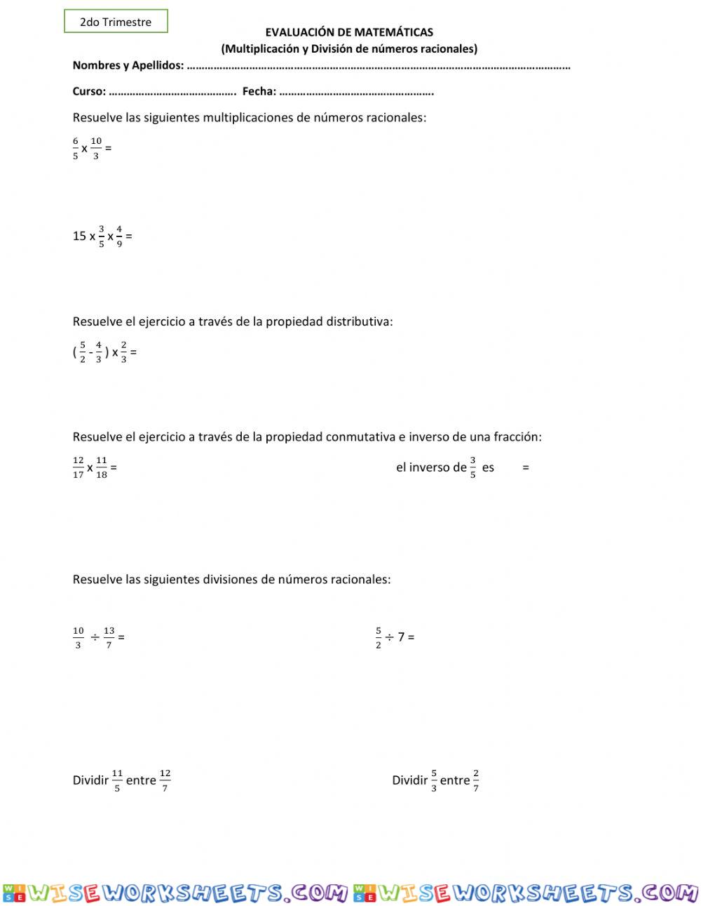 Multiplicación y dividión de números racionales