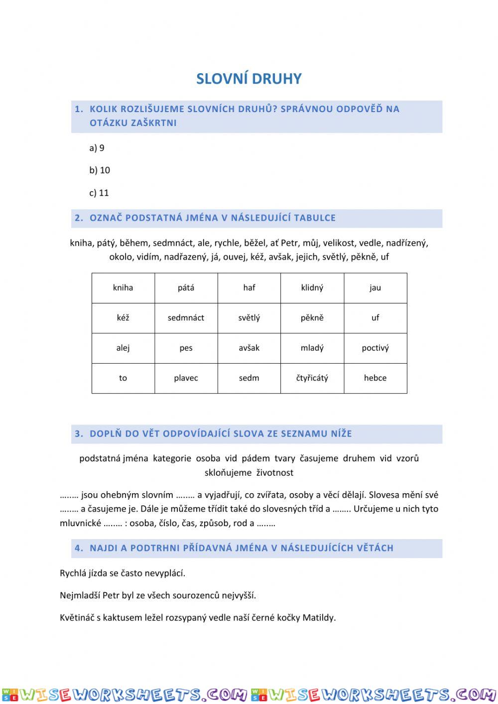Pracovní list - slovní druhy
