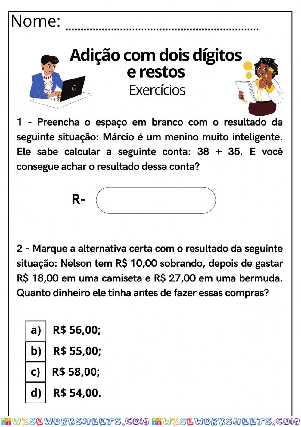 Adição com dois dígitos mais resto