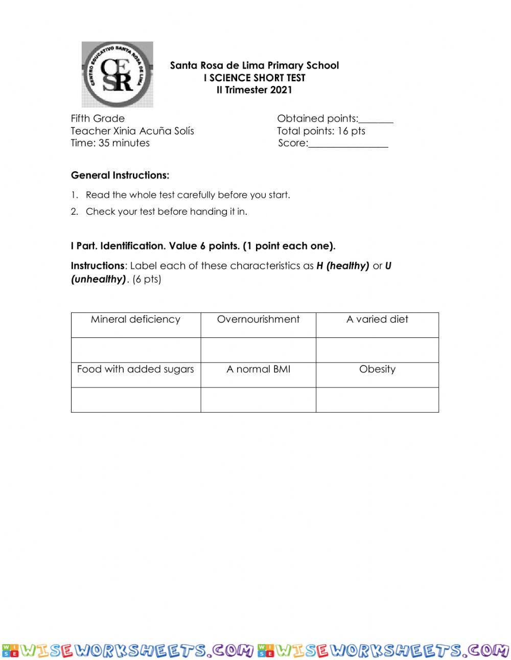 I Short Test 5 Grade II Tri 2021