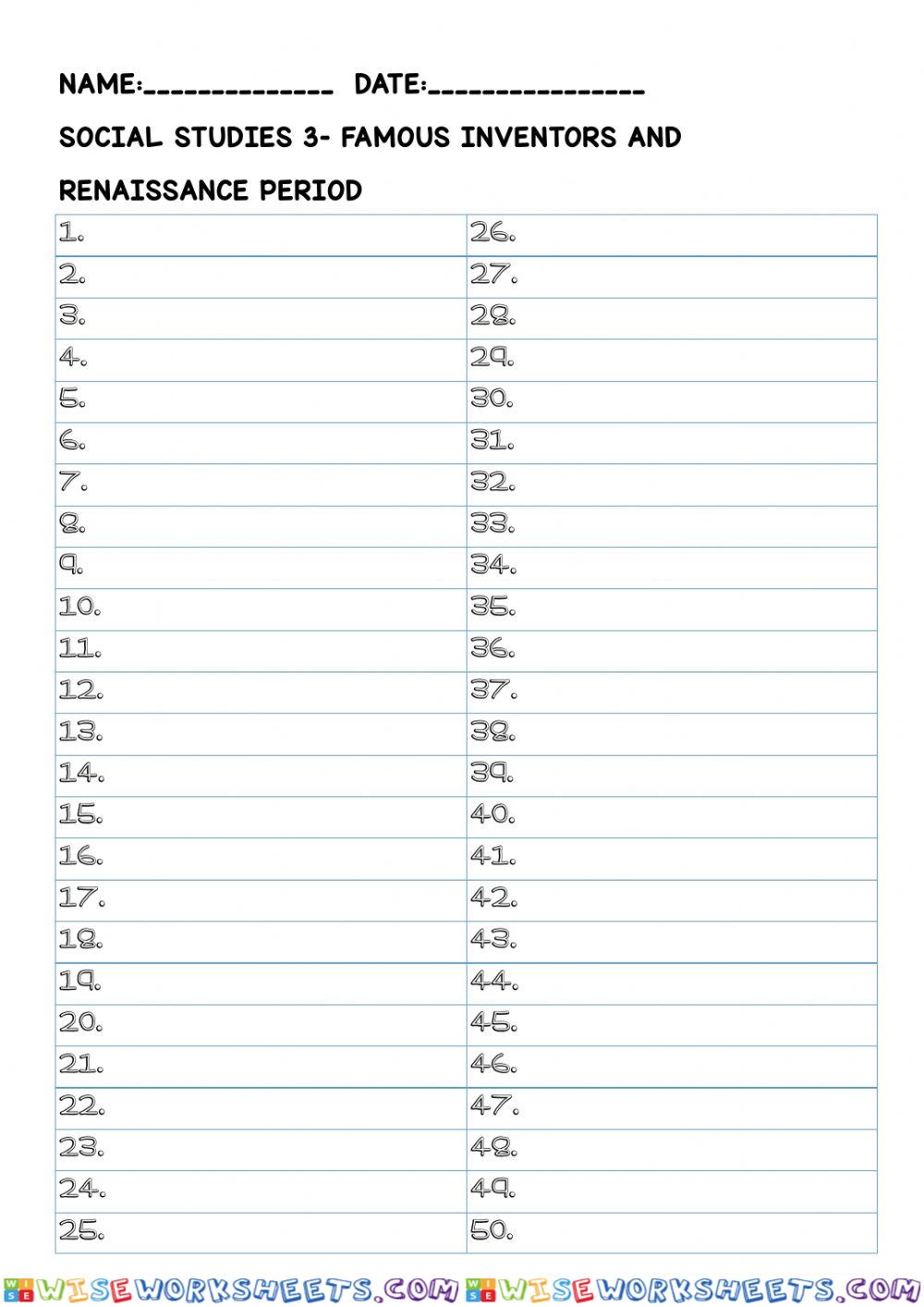 Famous inventors and the renaissance-answer sheet