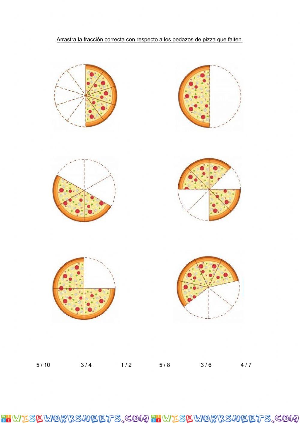 Arrastra la fracción a la pizza correspondiente.