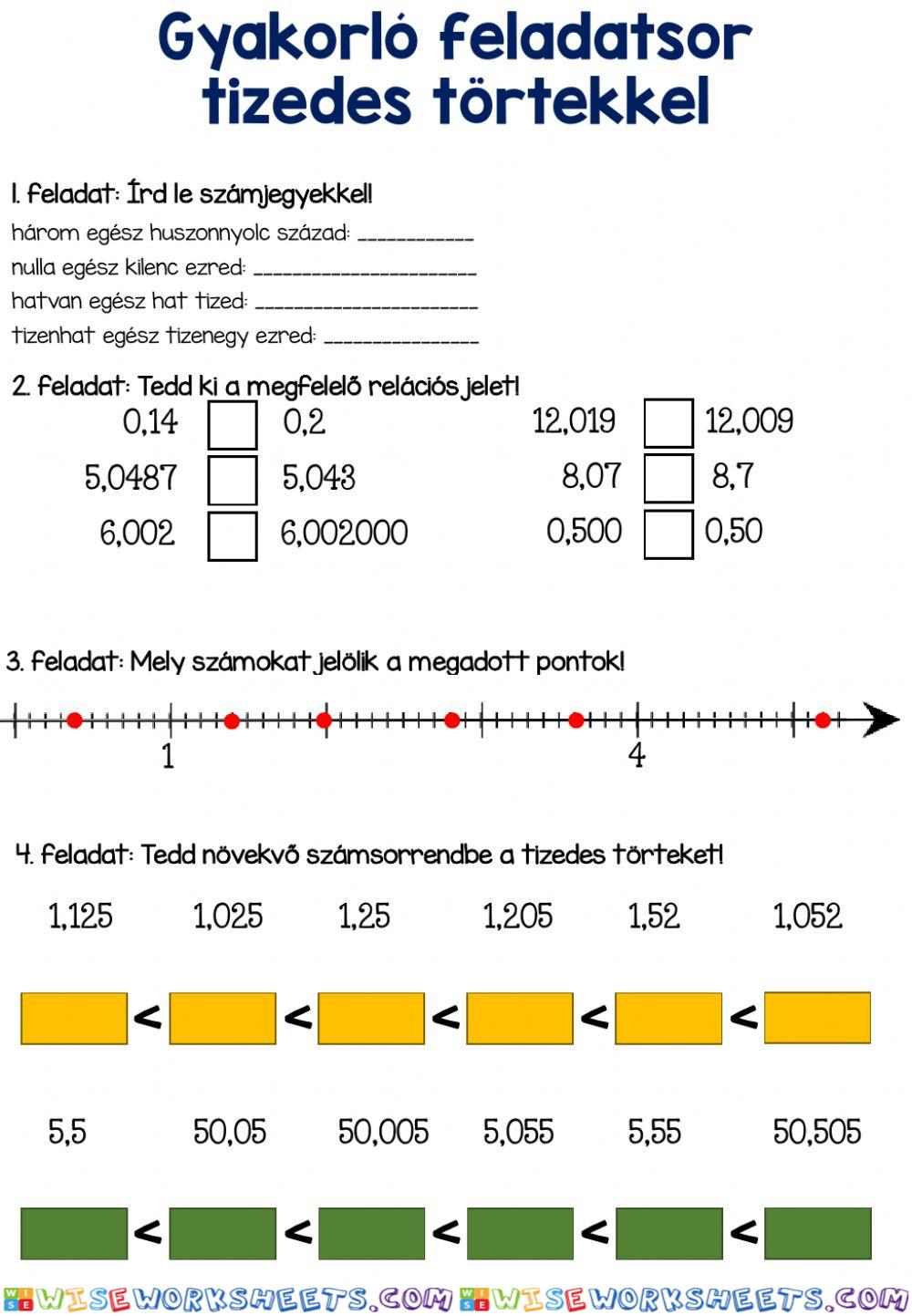 Tizedes törtek gyakorló feladatsor