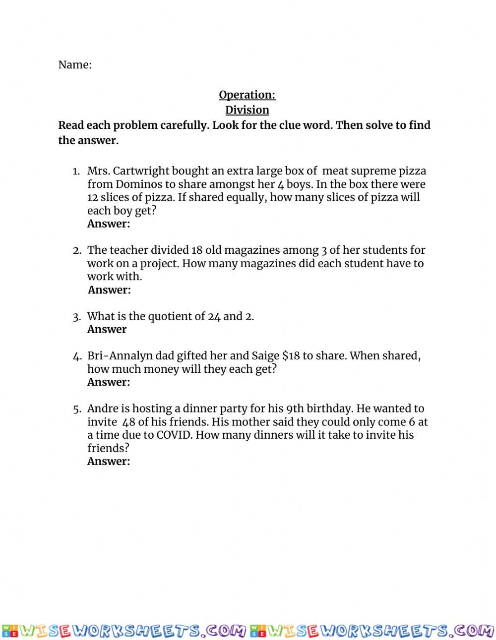 Division Facts Problem Solving