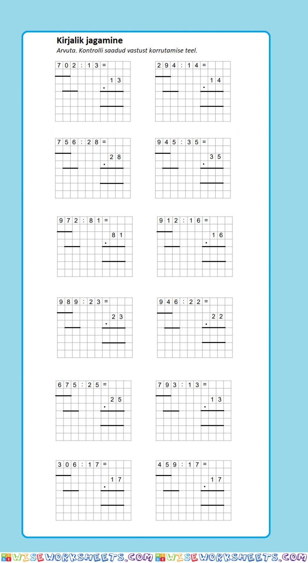 Kirjalik jagamine kahekohalise arvuga. Vastuse kontrollimine korrutamise teel.