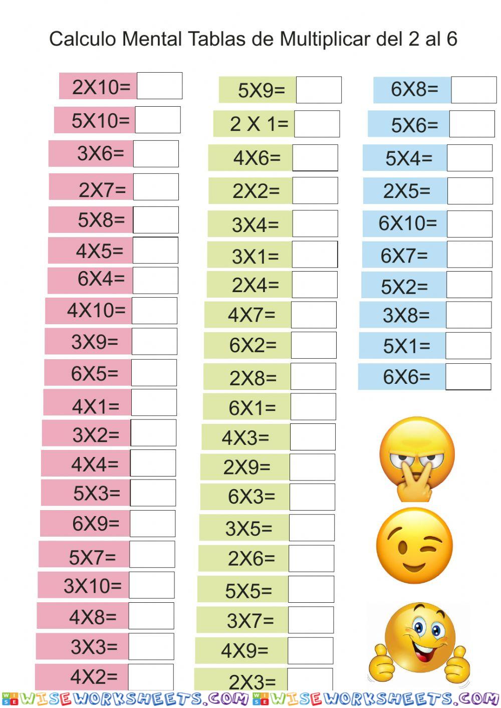 Repaso Caculo Mental Tablas de Multiplicar 2 al 6