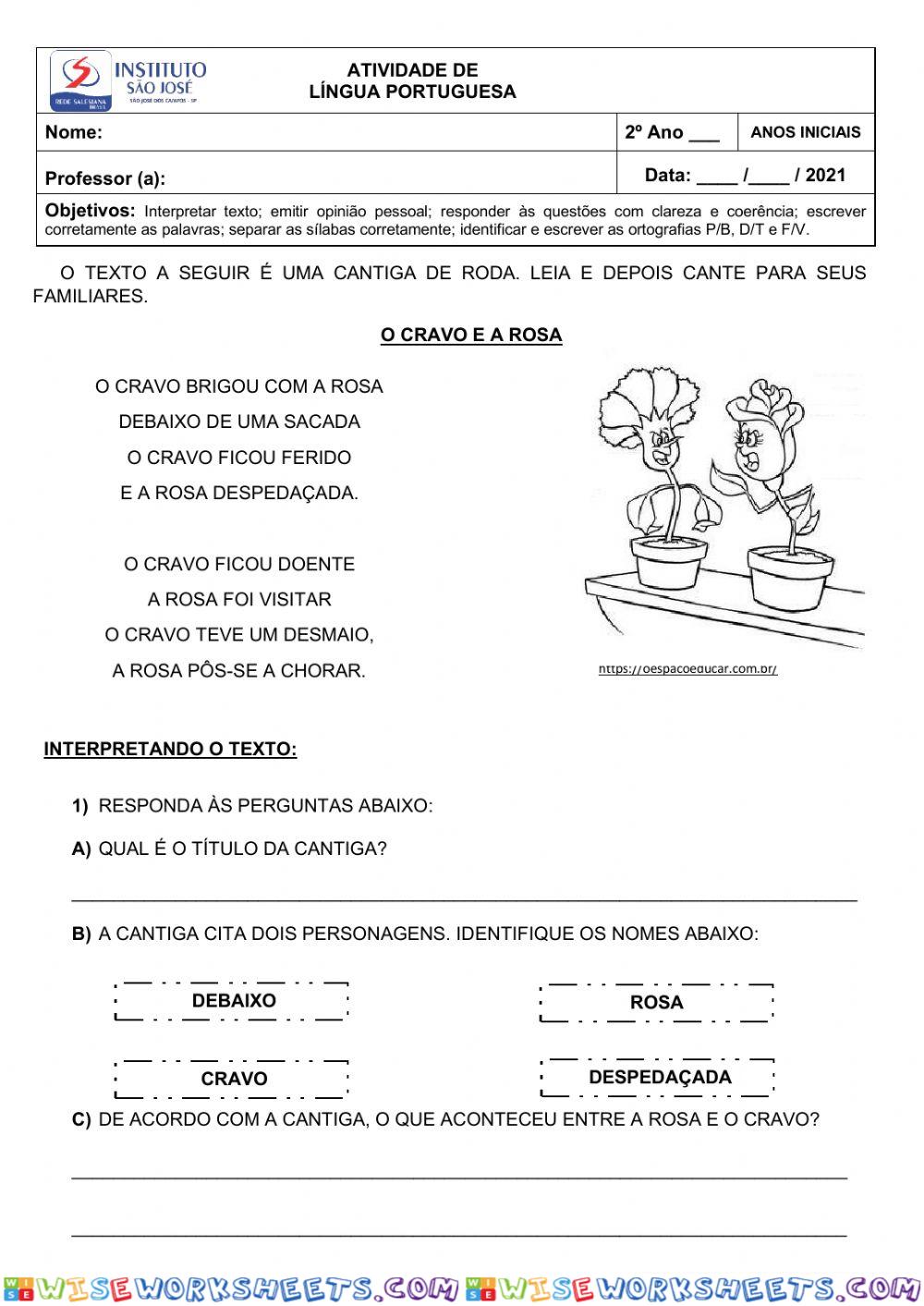 Interpretação de texto - O CRAVO E A ROSA