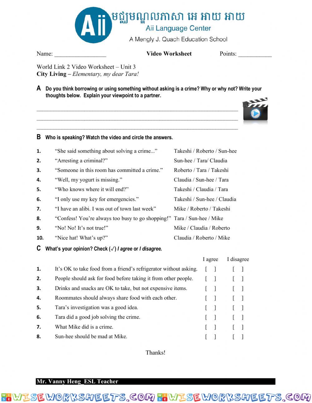 WL2 3rd Edition-Unit 3 Videoworksheet CL