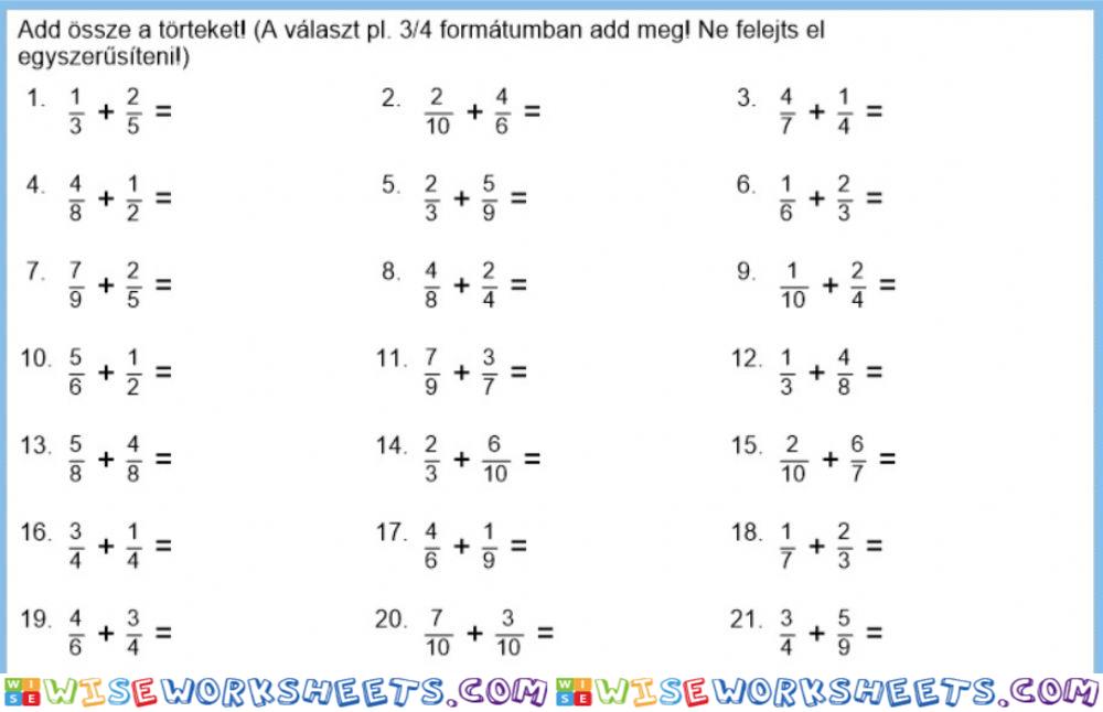 Különböző nevezőjű törtek összeadása