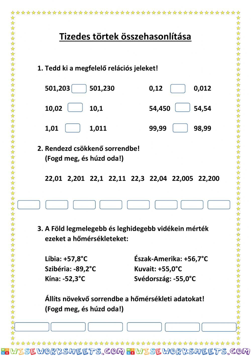 Tizedes törtek összehasonlítása