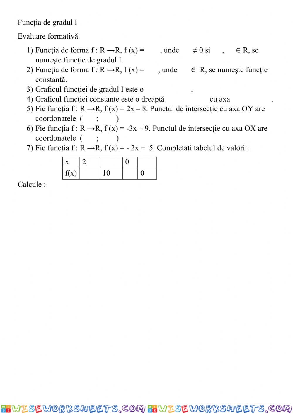 Funcția de gradul I. Evaluare formativă