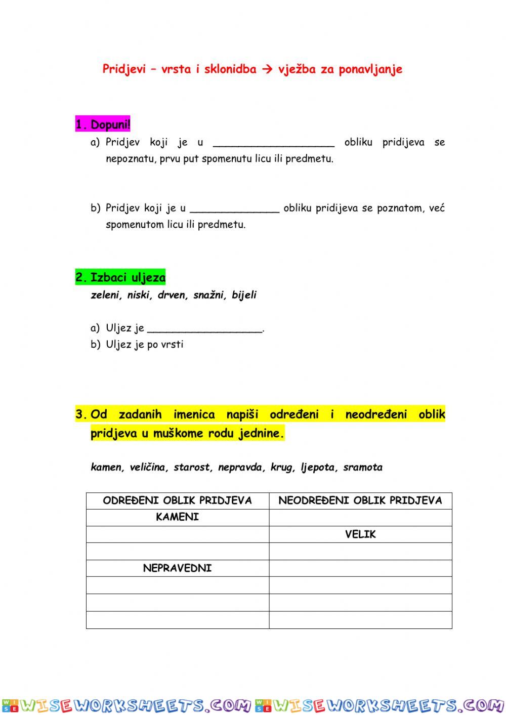 Pridjevi - vrsta i sklonidba (bez stupnjevanja) - vježba