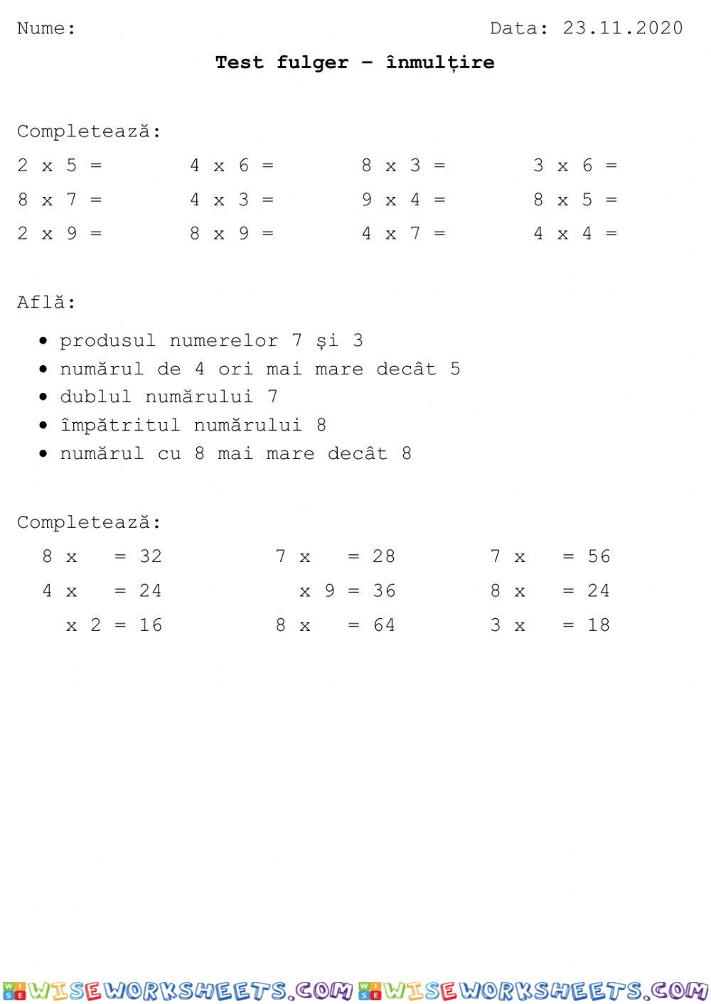 Test fulger - Inmultirea (cu 2, 4, 8)