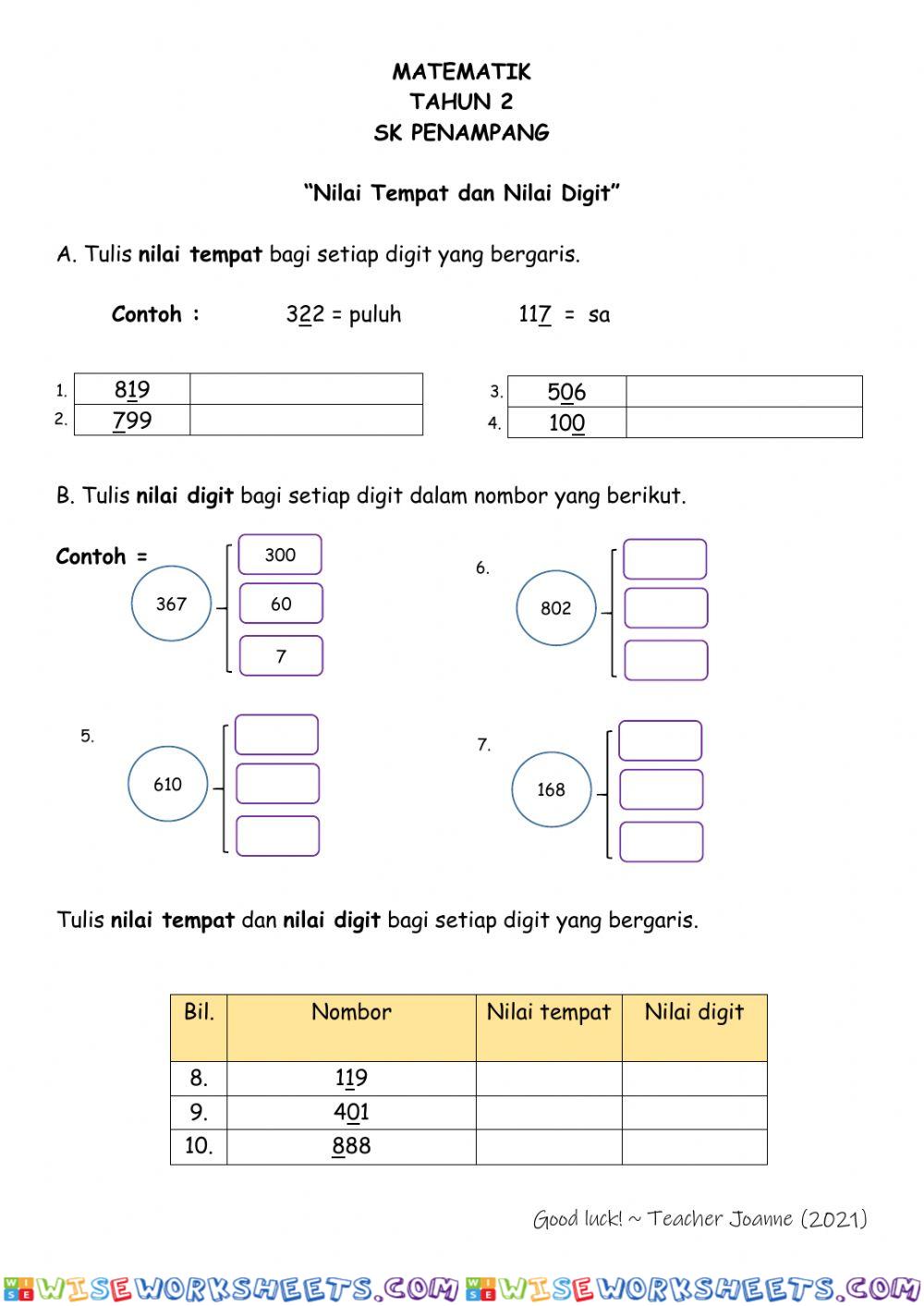 Nilai Tempat Nilai Digit t2