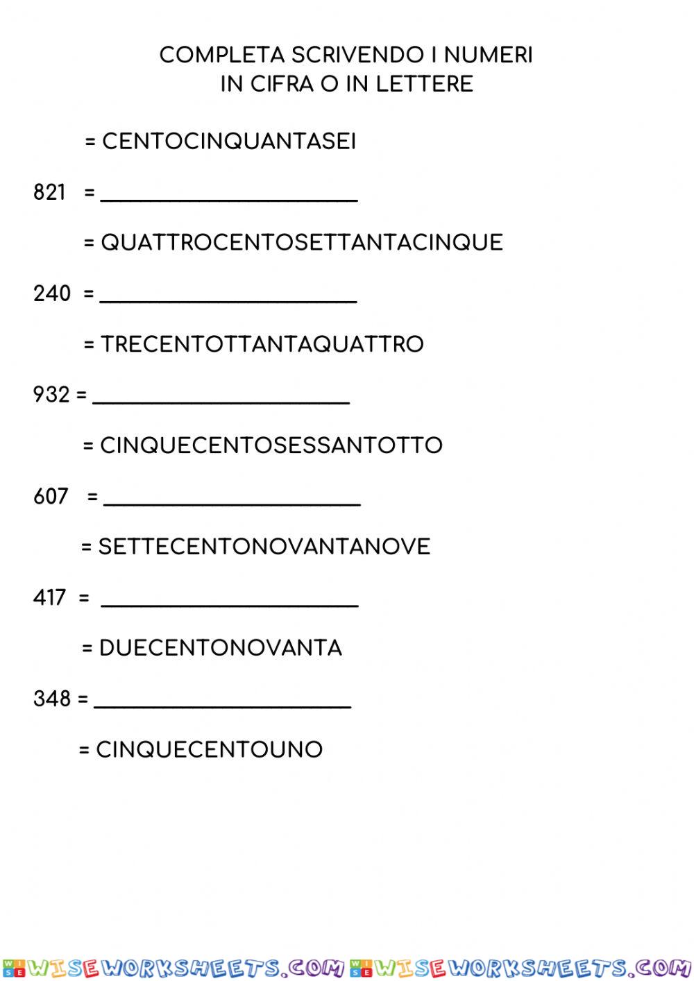 Numeri in cifre e lettere